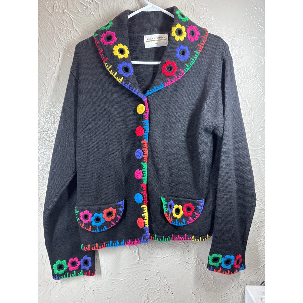Lisa Nichols Vintage Sweater Black Multicolored Collar Womens Size‎ Medium